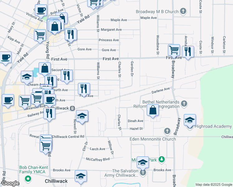 map of restaurants, bars, coffee shops, grocery stores, and more near 9035 Charles Street in Chilliwack