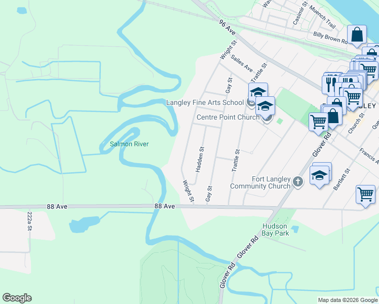 map of restaurants, bars, coffee shops, grocery stores, and more near 8952 Wright Street in Langley Township