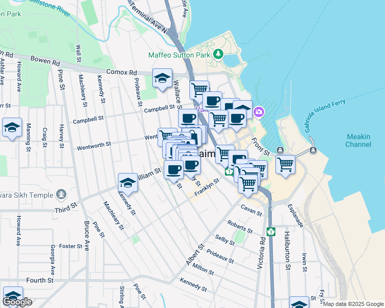 map of restaurants, bars, coffee shops, grocery stores, and more near in Nanaimo
