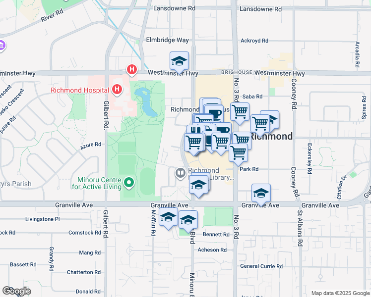 map of restaurants, bars, coffee shops, grocery stores, and more near 6500 Minoru Boulevard in Richmond
