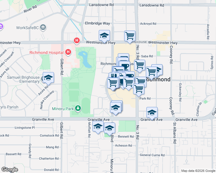 map of restaurants, bars, coffee shops, grocery stores, and more near 6500 Minoru Boulevard in Richmond