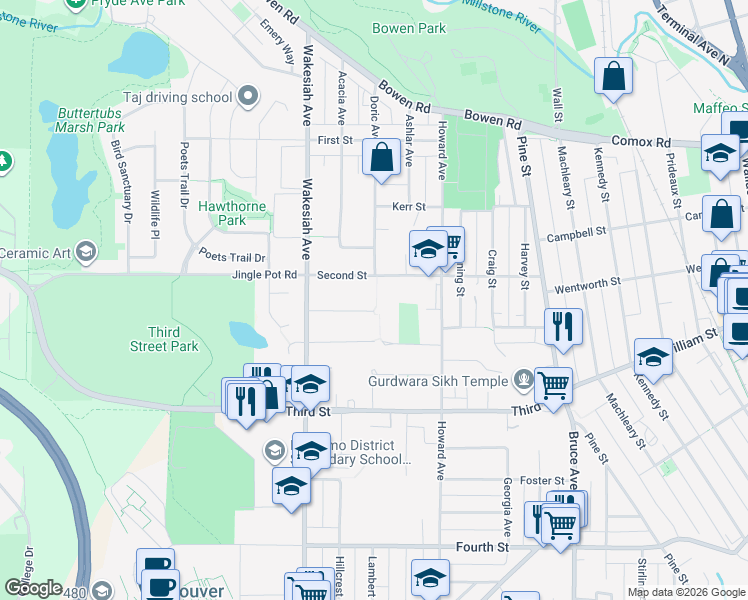 map of restaurants, bars, coffee shops, grocery stores, and more near 683 Montague Road in Nanaimo