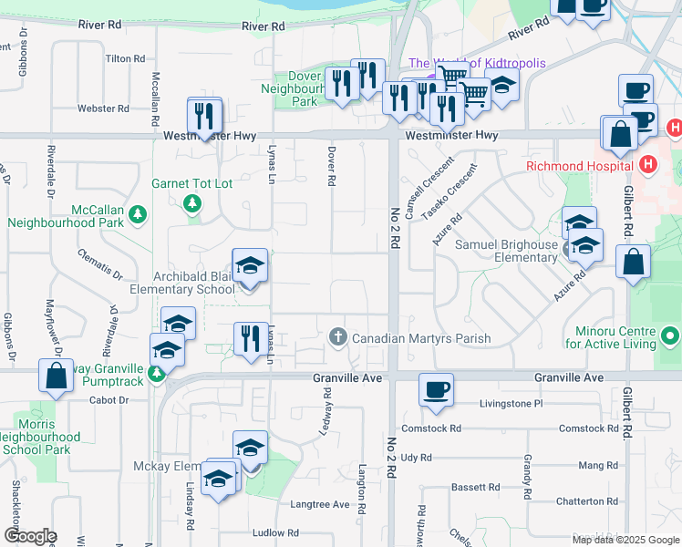 map of restaurants, bars, coffee shops, grocery stores, and more near 6215 Garrison Court in Richmond