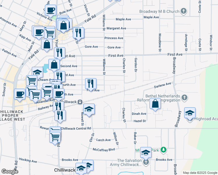 map of restaurants, bars, coffee shops, grocery stores, and more near 5 Fourth Avenue in Chilliwack