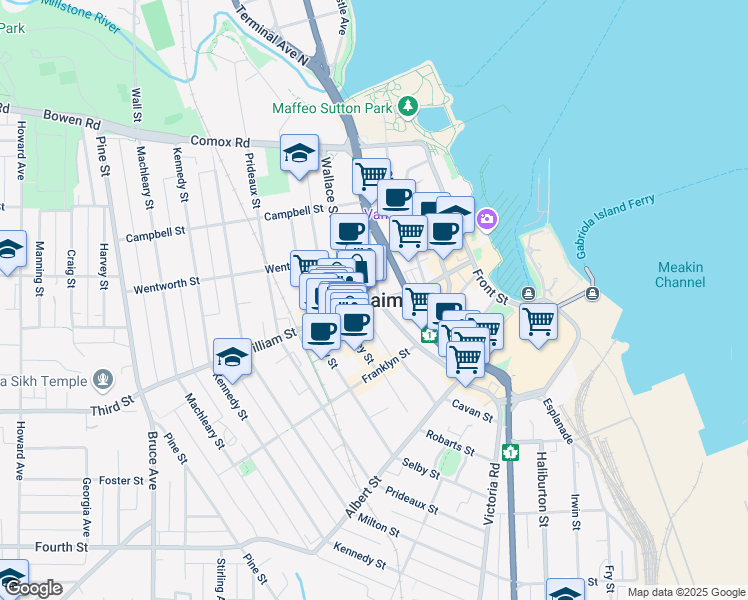map of restaurants, bars, coffee shops, grocery stores, and more near in Nanaimo