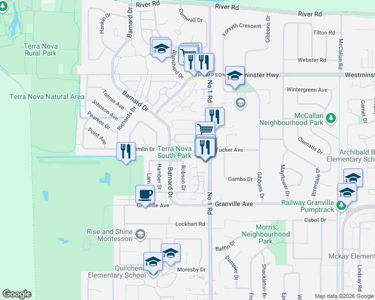 map of restaurants, bars, coffee shops, grocery stores, and more near 6888 Robson Drive in Richmond