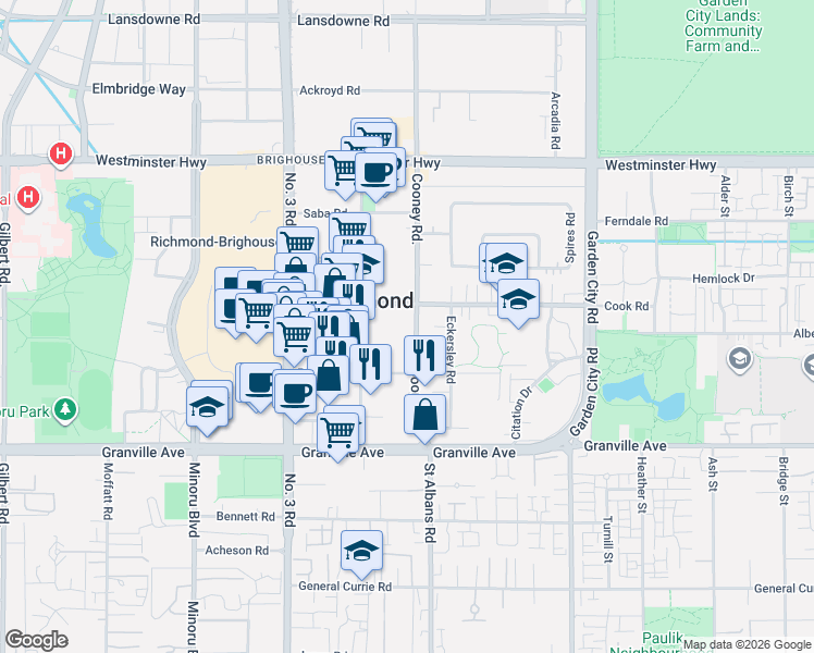 map of restaurants, bars, coffee shops, grocery stores, and more near 6611 Cooney Road in Richmond