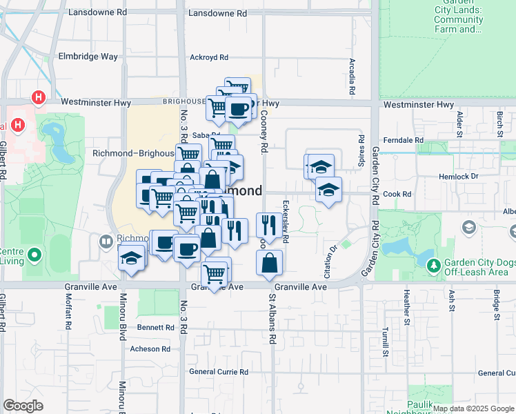map of restaurants, bars, coffee shops, grocery stores, and more near 6611 Cooney Road in Richmond