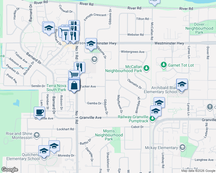 map of restaurants, bars, coffee shops, grocery stores, and more near 6546 Gibbons Drive in Richmond