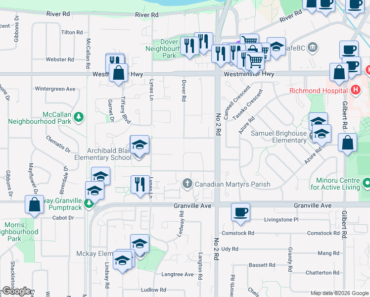 map of restaurants, bars, coffee shops, grocery stores, and more near 6195 Garrison Court in Richmond