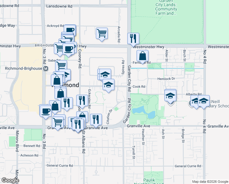 map of restaurants, bars, coffee shops, grocery stores, and more near 6511 Pimlico Way in Richmond