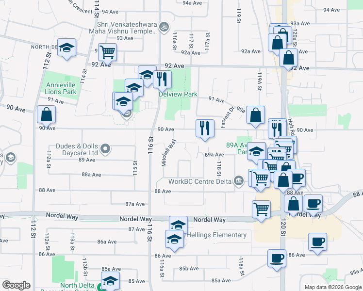 map of restaurants, bars, coffee shops, grocery stores, and more near 11662 89A Avenue in Delta