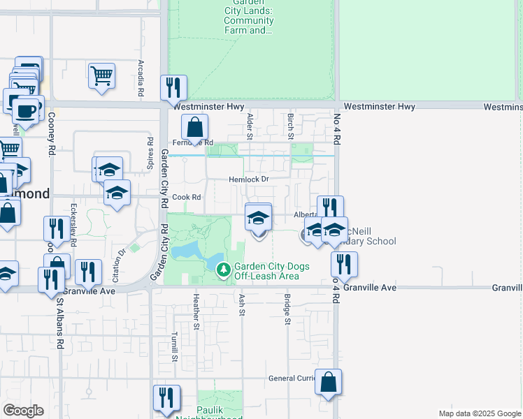 map of restaurants, bars, coffee shops, grocery stores, and more near 6388 Alder Street in Richmond