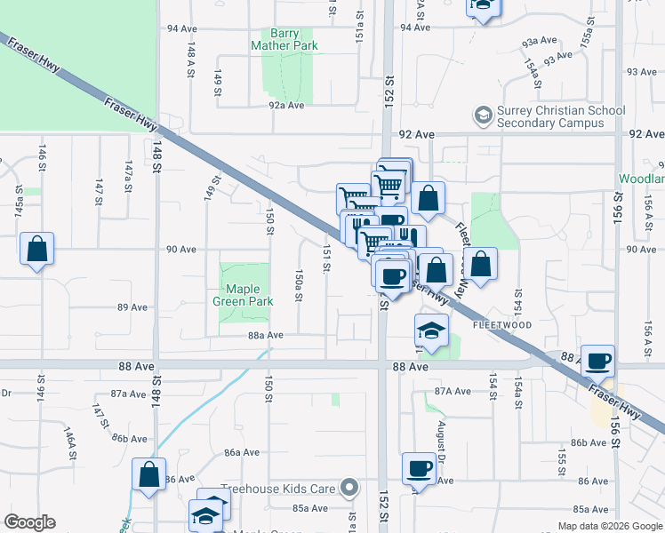 map of restaurants, bars, coffee shops, grocery stores, and more near 8970 151 Street in Surrey