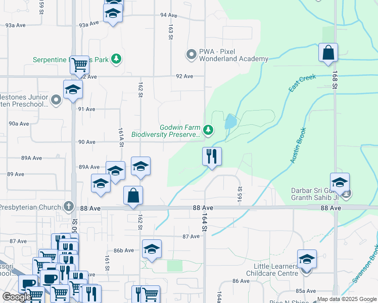 map of restaurants, bars, coffee shops, grocery stores, and more near 16358 90 Avenue in Surrey