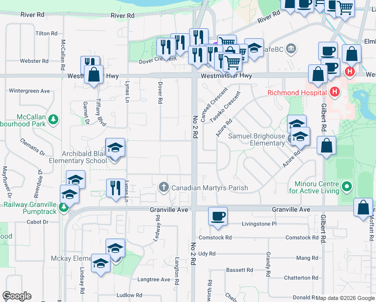 map of restaurants, bars, coffee shops, grocery stores, and more near 6451 Number 2 Road in Richmond
