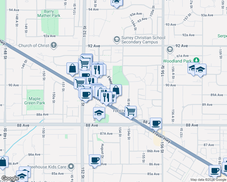 map of restaurants, bars, coffee shops, grocery stores, and more near 8972 Fleetwood Way in Surrey