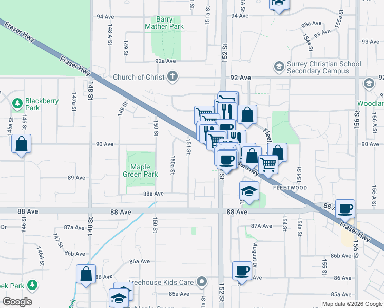 map of restaurants, bars, coffee shops, grocery stores, and more near 8970 151 Street in Surrey