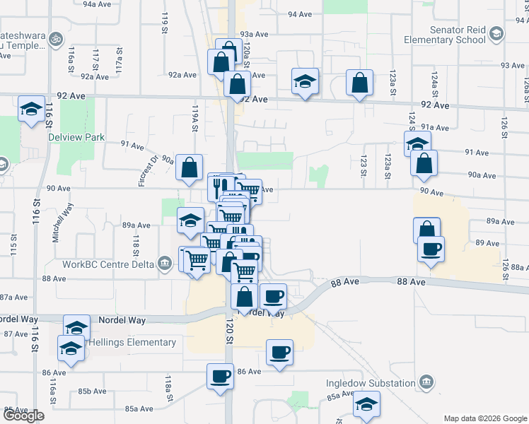 map of restaurants, bars, coffee shops, grocery stores, and more near 12070 90 Avenue in Surrey