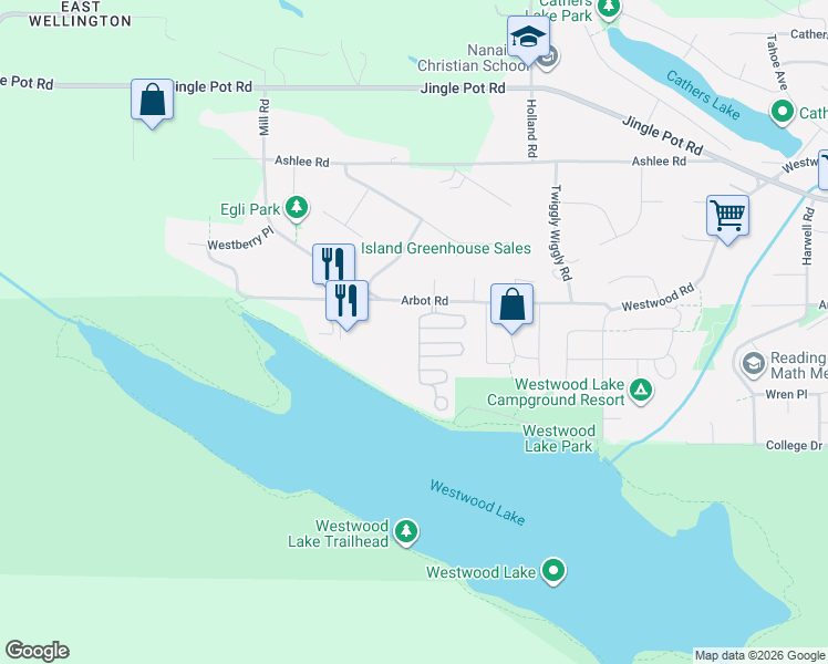 map of restaurants, bars, coffee shops, grocery stores, and more near 1116 Woss Lake Drive in Nanaimo