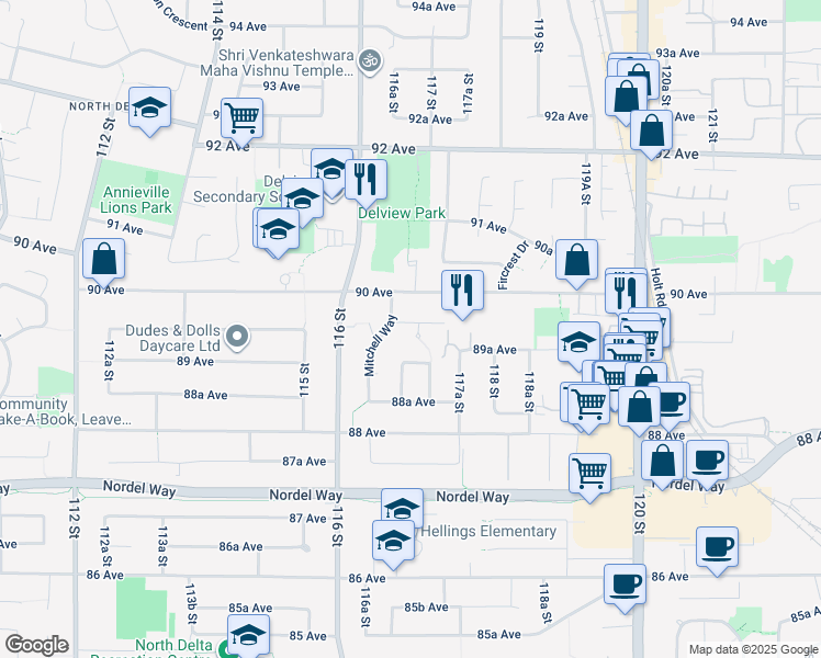 map of restaurants, bars, coffee shops, grocery stores, and more near 11662 89A Avenue in Delta