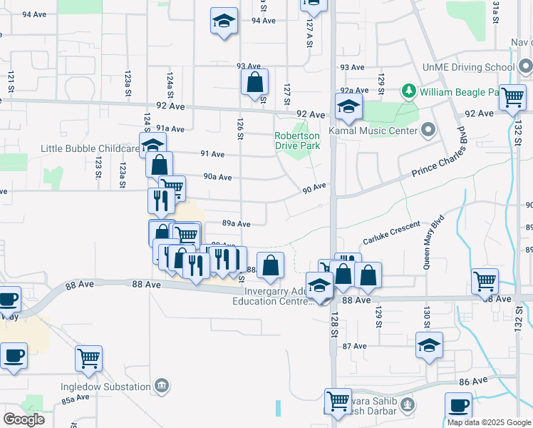 map of restaurants, bars, coffee shops, grocery stores, and more near Lindsay Place in Surrey