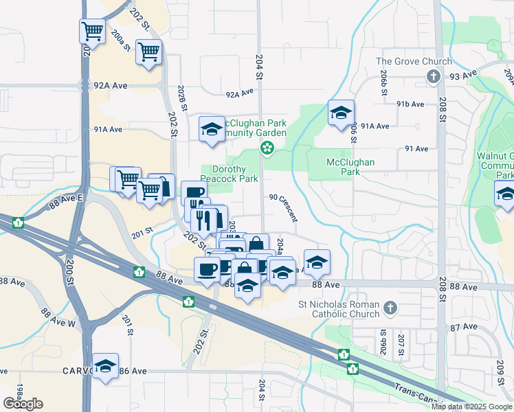 map of restaurants, bars, coffee shops, grocery stores, and more near 8983 204 Street in Langley