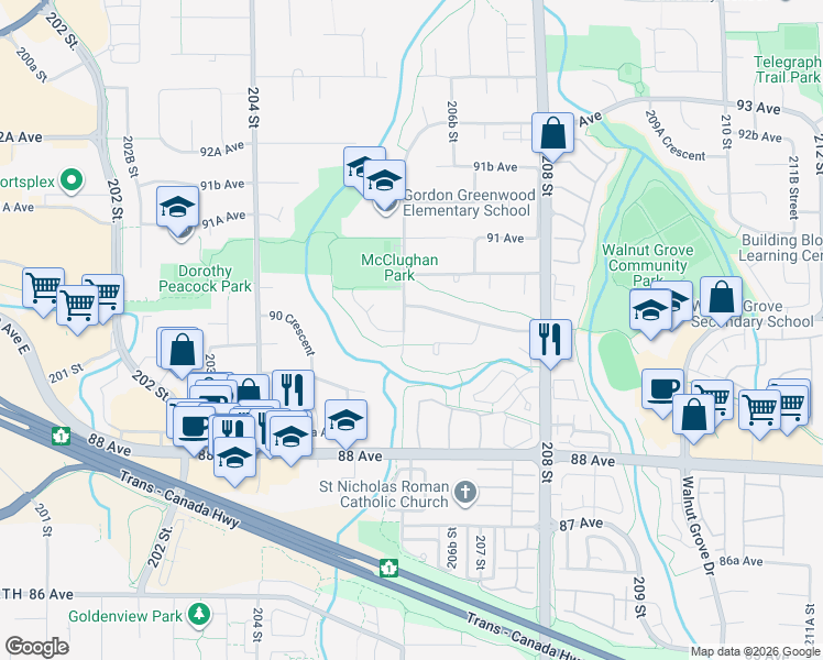 map of restaurants, bars, coffee shops, grocery stores, and more near 8986 206 Street in Langley