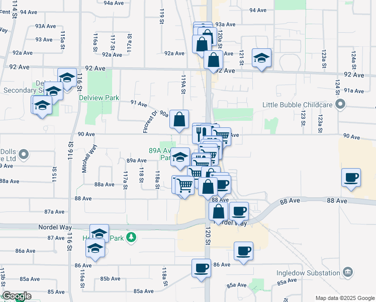 map of restaurants, bars, coffee shops, grocery stores, and more near 11901 89A Avenue in Delta