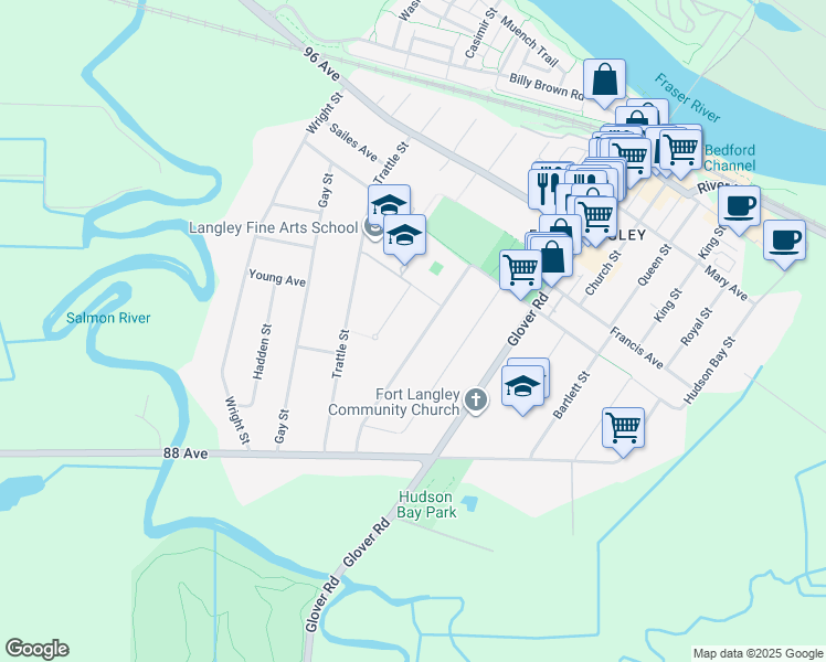 map of restaurants, bars, coffee shops, grocery stores, and more near 8993 Nash Street in Langley
