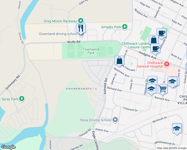 map of restaurants, bars, coffee shops, grocery stores, and more near 9055 Ashwell Road in Chilliwack