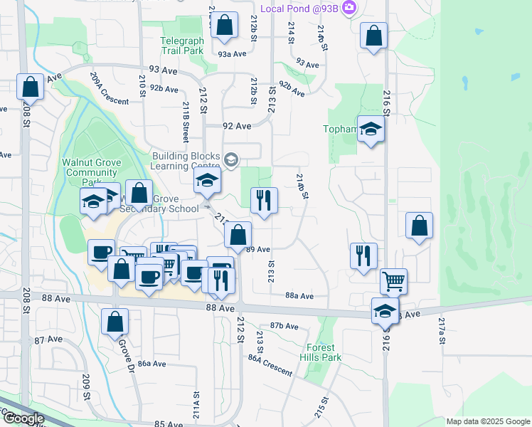 map of restaurants, bars, coffee shops, grocery stores, and more near 8957 213 Street in Langley Township