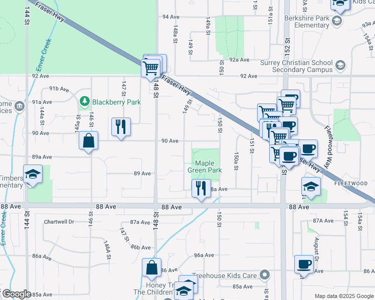 map of restaurants, bars, coffee shops, grocery stores, and more near 8978 149 Street in Surrey