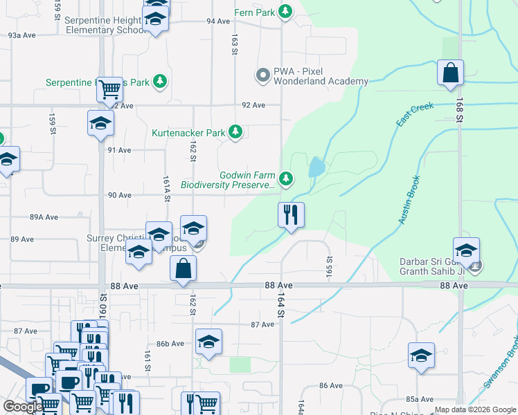 map of restaurants, bars, coffee shops, grocery stores, and more near 16358 90 Avenue in Surrey