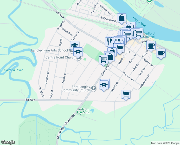 map of restaurants, bars, coffee shops, grocery stores, and more near 8973 Mackie Street in Langley Township