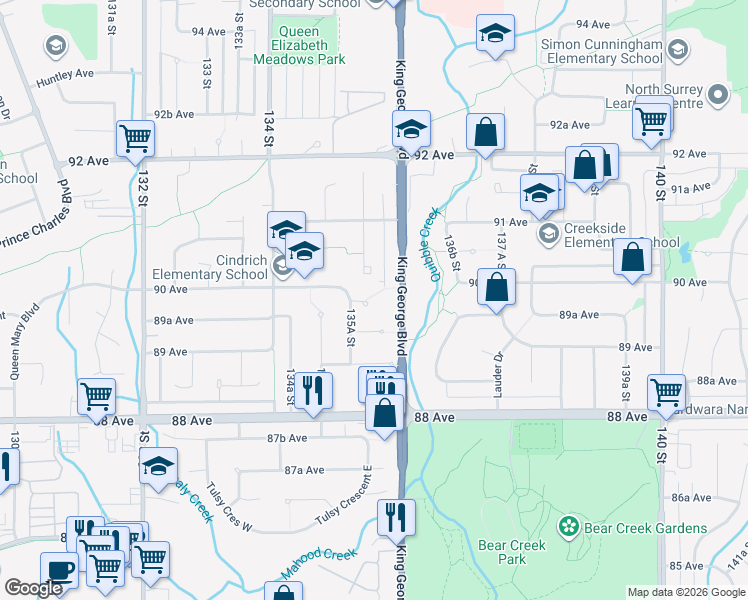map of restaurants, bars, coffee shops, grocery stores, and more near 13554 Bryan Place in Surrey
