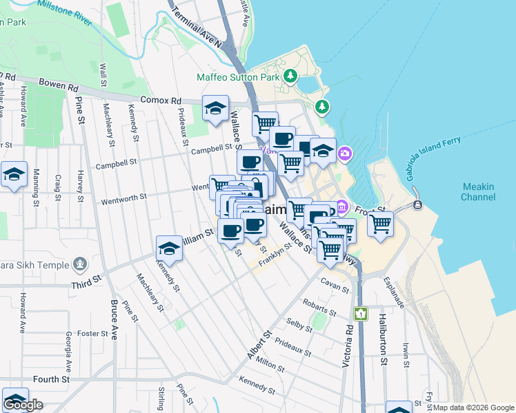 map of restaurants, bars, coffee shops, grocery stores, and more near 291 Wallace Street in Nanaimo