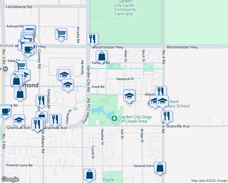 map of restaurants, bars, coffee shops, grocery stores, and more near 9339 Alberta Road in Richmond