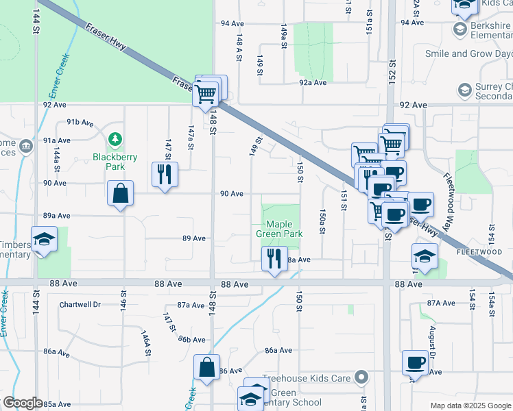 map of restaurants, bars, coffee shops, grocery stores, and more near 8978 149 Street in Surrey