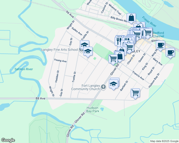 map of restaurants, bars, coffee shops, grocery stores, and more near 8993 Nash Street in Langley Township