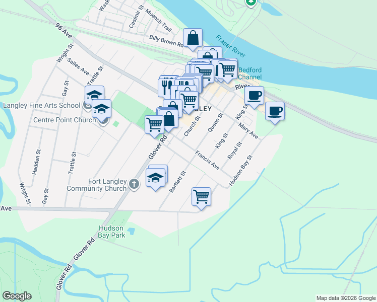 map of restaurants, bars, coffee shops, grocery stores, and more near 23234 Saint Andrews Avenue in Langley Township