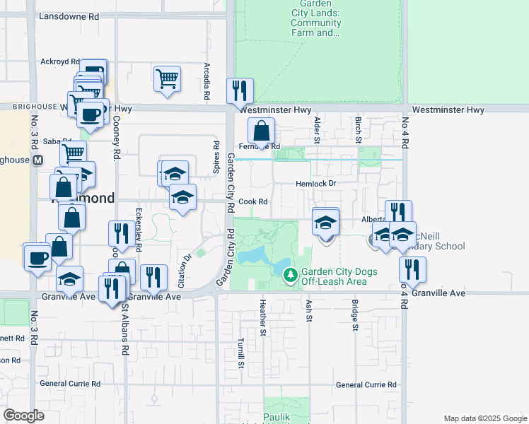 map of restaurants, bars, coffee shops, grocery stores, and more near 6333 Katsura Street in Richmond