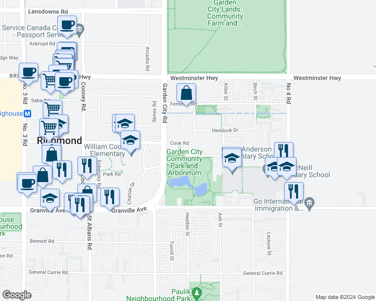 map of restaurants, bars, coffee shops, grocery stores, and more near 6333 Katsura Street in Richmond