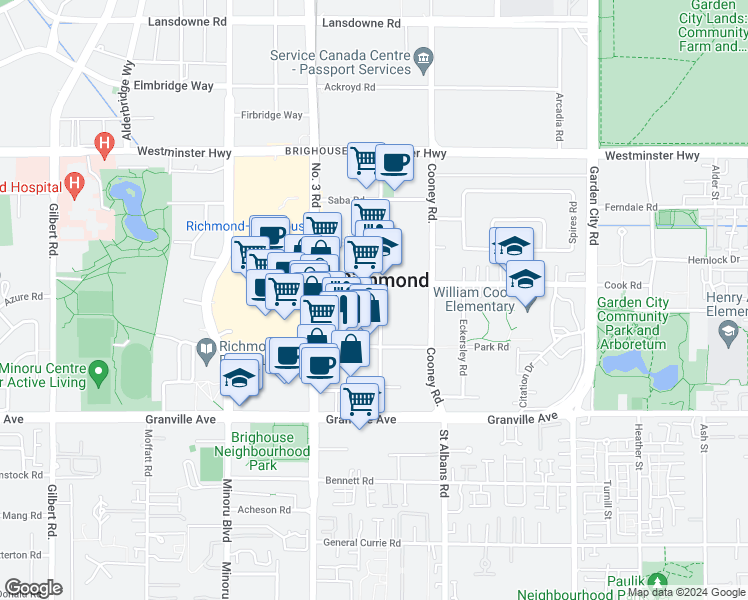 map of restaurants, bars, coffee shops, grocery stores, and more near 6533 Buswell Street in Richmond