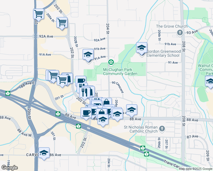 map of restaurants, bars, coffee shops, grocery stores, and more near 8983 204 Street in Langley