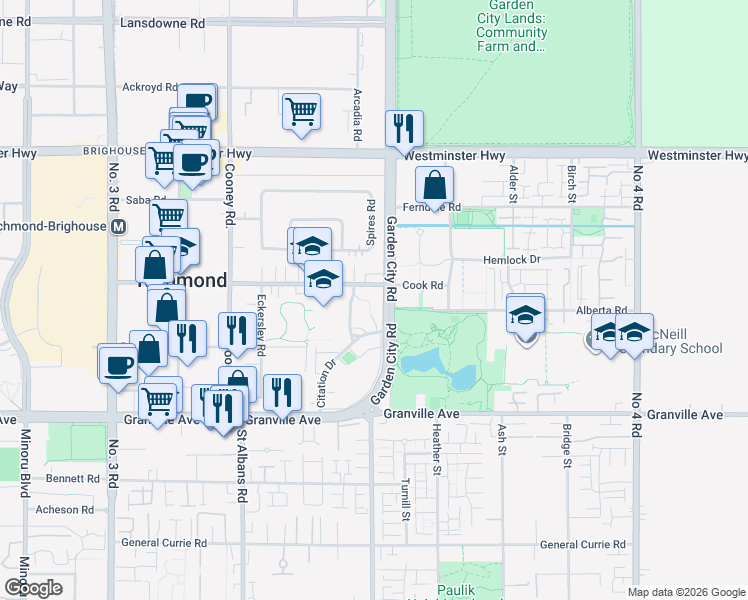 map of restaurants, bars, coffee shops, grocery stores, and more near 8880 Cook Road in Richmond