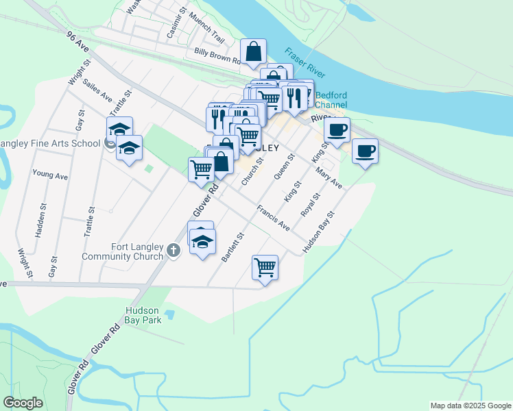 map of restaurants, bars, coffee shops, grocery stores, and more near 23258 Francis Avenue in Langley