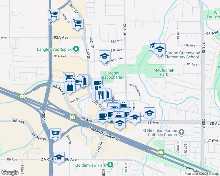 map of restaurants, bars, coffee shops, grocery stores, and more near 20338 90 Avenue in Langley Township