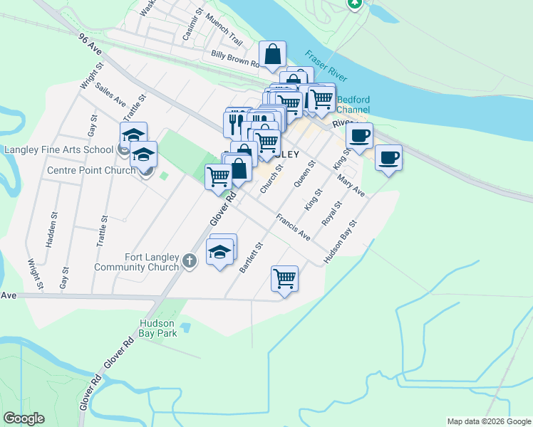 map of restaurants, bars, coffee shops, grocery stores, and more near 23232 Francis Avenue in Langley Township