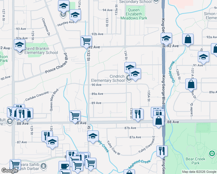 map of restaurants, bars, coffee shops, grocery stores, and more near 13306 90 Avenue in Surrey